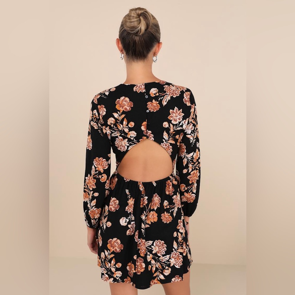 Darling Simplicity Black Floral Linen Cutout Mini Dress - Picture 2 of 2